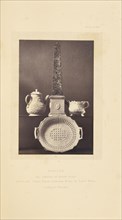 Obelisk, tea pot, milk pot, and plate; William Chaffers, English, 1811 - 1892, London, England, Europe; 1871; Woodburytype