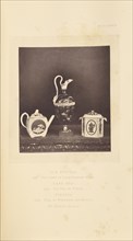 Tea pot, pitcher, and tea caddy; William Chaffers, English, 1811 - 1892, London, England, Europe; 1871; Woodburytype