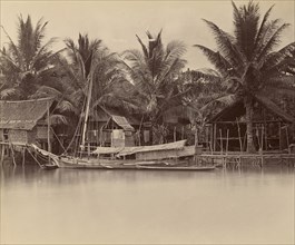River Dwellings and Boats; Unknown maker; Asia; 1870s - 1880s; Albumen silver print