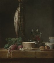 Still Life with Fish, Vegetables, Gougères, Pots, and Cruets on a Table; Jean-Siméon Chardin, French, 1699 - 1779, 1769