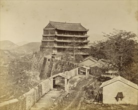 The five story Ming watchtower at the north end of the Canton city wall; Unknown maker; Canton, China; about 1870; Albumen