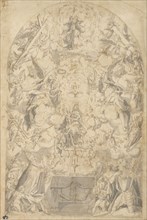 Madonna and Child with Angels Bearing Symbols of the Passion; Friedrich Sustris, Dutch, about 1540 - 1599, about 1583; Pen