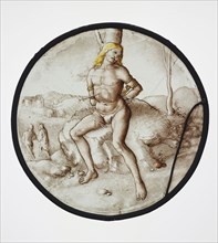 Saint Sebastian; German; Germany; about 1520 - 1530; Colorless glass, vitreous paint, and silver stain; 19.5 x 1 cm