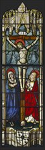 The Crucifixion; French; Lorraine,Burgundy, France; about 1500 - 1510; Pot-metal, flashed, and colorless glass, vitreous paint