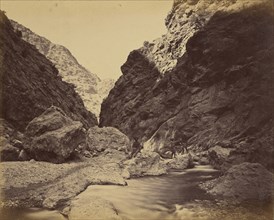 Three men beside river; John Burke, British, active 1860s - 1870s, Afghanistan; 1878 - 1879; Albumen silver print