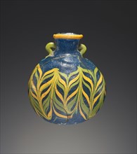 Blue Perfume Flask with Yellow and Green Feathered Decoration; Egypt; 1300 - 1200 B.C; Glass; 6.3 x 5.4 cm, 2 1,2 x 2 1,8 in