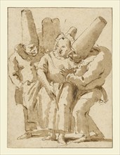 Punchinellos Approaching a Woman; Giovanni Battista Tiepolo, Italian, 1696 - 1770, late 1730s; Pen and brown ink and brush