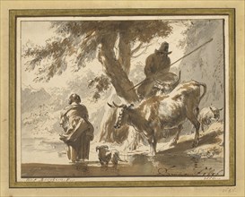 Cows Crossing a Ford with a Couple and a Dog; Nicolaes Berchem, Dutch, 1620 - 1683, 1656; Black chalk, pen and brown ink, brown