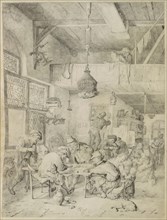 Peasants Playing Backgammon and Merry-Making in a Tavern; Cornelis Dusart, Dutch, 1660 - 1704, 1694; Graphite and pen and gray