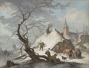 A Winter Scene; Hendrik Meyer, Dutch, 1744 - 1793, 1787; Black chalk, pen and brown ink, gouache, pen and black ink framing