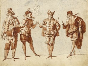 Four Figures in Theatrical Costume; Claude Gillot, French, 1673 - 1722, about 1710; Pen and gray ink and brush with red wash
