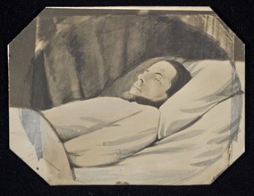 Man lying in bed, eyes closed; American; about 1850 - 1860; Hand-colored salted paper print; 7.8 × 10.3 cm, 3 1,16 × 4 1,16 in