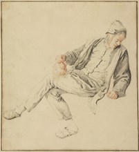 A Seated Peasant Looking Down to the Right, Holding a Pitcher; Cornelis Dusart, Dutch, 1660 - 1704, about 1680s; Black and red