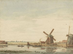 Windmills on a Canal; Antonie Erkelens, Dutch, 1774 - 1804, Netherlands; about 1790 - 1800; Watercolor and pen and brown ink