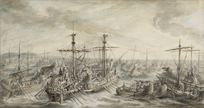 The Roman Fleet Victorious over the Carthaginians at the Battle of Cape Ecnomus; Gabriel Jacques de Saint-Aubin, French, 1724