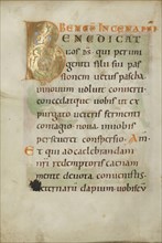 Decorated Initial B; Regensburg, Bavaria, Germany; about 1030 - 1040; Tempera colors, gold leaf, and ink on parchment; Leaf