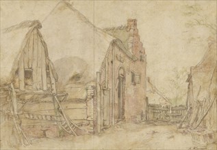 View of a Farm Courtyard, recto, Study of a Tree, verso, Abraham Bloemaert, Dutch, 1564 - 1651, Netherlands; about 1600