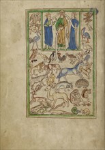 Adam Naming the Animals; England; about 1250–1260; Pen-and-ink drawings tinted with body color and translucent washes on