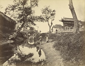 Chinese view of a river and a bridge in a village including several Chinese people; Felice Beato, 1832