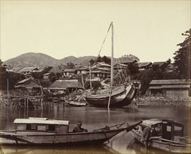 Group of Japanese Junks and Boats in the Creek; Felice Beato, 1832 - 1909, Japan; 1863 - 1868; Albumen