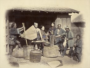 Preparation of the Rice; Felice Beato, 1832 - 1909, Japan; about 1868; Hand-colored Albumen silver print