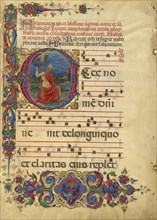 Initial E: David Lifting up His Soul to God; Franco dei Russi, Italian, active about 1453 - 1482, Ferrara, Italy; about 1455