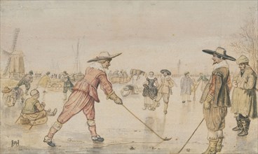 A Winter Scene with Two Gentlemen Playing Colf; Hendrick Avercamp, Dutch, 1585 - 1634, Netherlands; about 1615 - 1620; Pencil