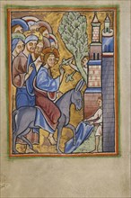The Entry into Jerusalem; Norfolk perhaps, written, East Anglia, England; illumination about 1190; written about 1490; Tempera