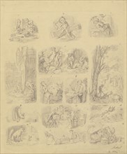 Fourteen Scenes Related to the Tale of Tom Thumb; Oswald Adalbert Sickert, British, 1828 - 1885, Germany; about 1851; Graphite