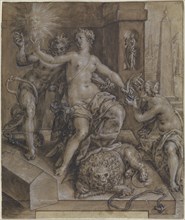Design for the central section of The Mirror of Virtue; Cornelis Ketel, Dutch, 1548 - 1616, Netherlands; about 1594; Pen
