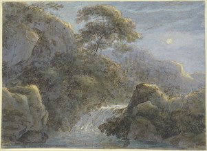 Waterfall in the Mountains by Moonlight; Franz Innocenz Kobell, German, 1749 - 1822, Germany; about 1800; Brown ink, watercolor