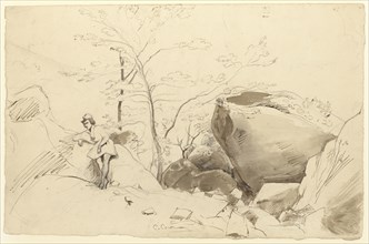 Fontainebleau, Figure Leaning Against a Rock; Jean-Baptiste-Camille Corot, French, 1796 - 1875, France; about 1830 - 1835; Pen