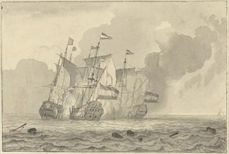 A Battle at Sea; Ludolf Backhuyzen, Dutch, 1631 - 1708, The Netherlands; 1692; Black chalk, gray ink and wash; 11.9 x 17.7 cm