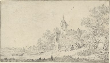 Landscape with Farmhouses and Figures; Jan van Goyen, Dutch, 1596 - 1656, The Netherlands; 1644; Black chalk; 15.4 x 27.8 cm