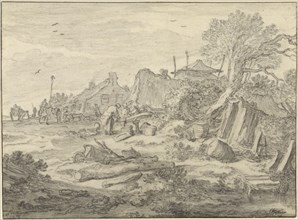 A Farmyard with Men Repairing a Wheel; Pieter Molijn, Dutch, 1595 - 1661, The Netherlands; 1654; Black chalk, gray wash