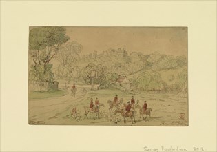 Landscape with Hunting Scene; Thomas Rowlandson, British, 1757 - 1827, England; 1780s; Brown ink, watercolor and black chalk