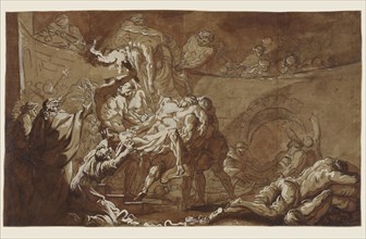 Tobias Burying the Dead; Jean-Baptiste Deshays, French, 1729 - 1765, France, Europe; about 1763 - 1765; Black ink, red,brown