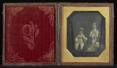 Portrait of a Woman with a Young Boy Wearing a Hat; Mexico; about 1850s; Hand-colored Daguerreotype