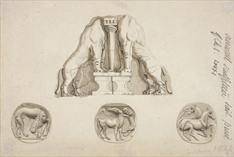 Two headless lions from the gateway of Mycenae and three gems depicting animals, Society of Dilettanti drawings, prints