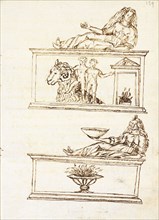 Two sarcophagi with statues of a reclining female figure on top, Epitaphiorum liber, Giovio, Benedetto, 1471-1545, Brown ink