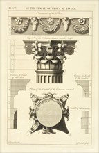 Ornaments of the frieze; Capital of the columns drawn on the angle; Plan of the capital of the columns reversed; Cornice