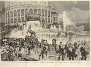 L'inauguration de l'exposition universelle au Palais du Trocadéro: le maréchal et les princes devant la fontaine monumentale