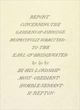 Report concerning the gardens at Ashridge, submitted to the Earl of Bridgewater, Humphry Repton architecture and landscape