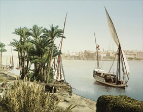 Sailing boats on the bank of the Nile looking across to Cairo, Egypt, Nil and Dahabieh, Basse Egypte Janvier 1906, Travel albums