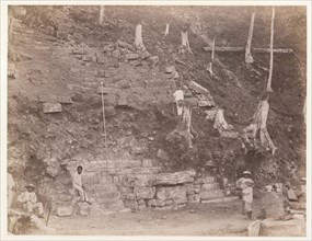 Workers surveying a stepped pyramid, Edmund Lincoln miscellaneous papers relating to the excavation of Maya ruins, circa 1880