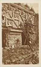 Augustus Le Plongeon on scaffolding, east facade, Governor's Palace, Uxmal, Augustus and Alice Dixon Le Plongeon photographs