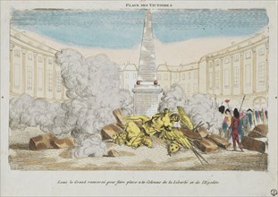 Place des Victoires: Louis le Grand renversé pour faire place a la Colonne de la Liberté et de l'Egalité, Engraving, 1792