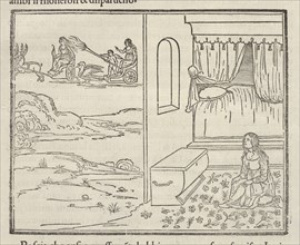 Interior View of Seated Woman, Exterior View of Women Travelling by Carts, La Hypnerotomachia di Poliphilo: cioè pvgna d'amore