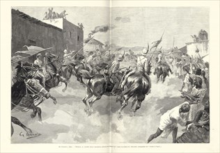 Gli Italiani a Adua. Entrata al Galoppo dello Squadrone Esploratori, Photomechanical process, 1890, Two page spread, Gli