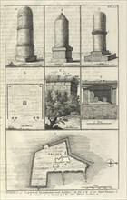 Views of Sepulchral Monuments near Aradus. A plan of an open temple. A view of a throne in it. The island Aradus